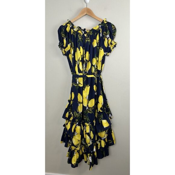 INA Lemon Dress Navy Tiered Ruffles High-Low Tie Waist Short Sleeve Sz Sm Whimsy - Picture 4 of 8